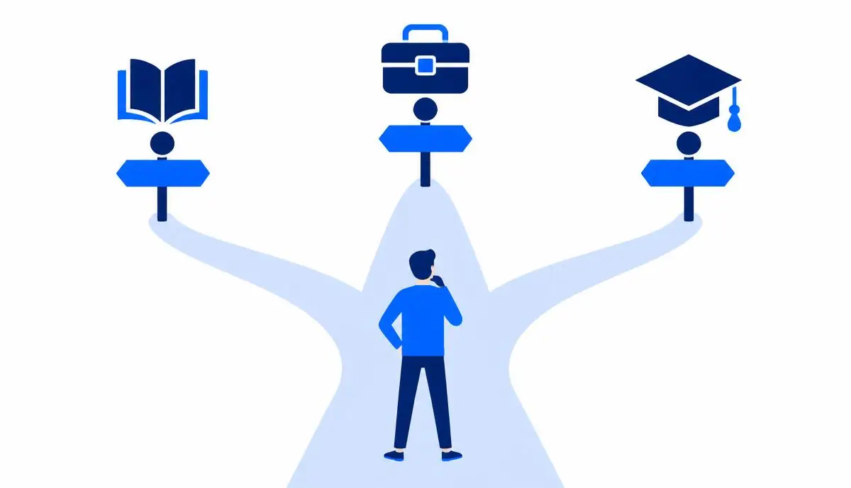 Illustration of a person choosing between three paths marked by a book, a toolbox and a graduation cap