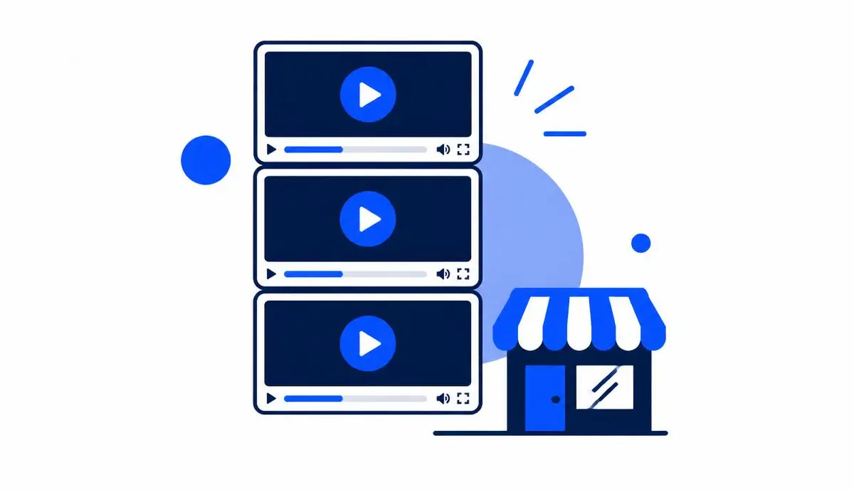 Illustration of three stacked video players next to a small local storefront