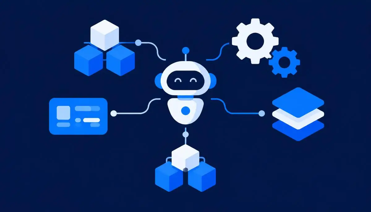 Illustration of a friendly robot assistant connected to modular blocks and gears