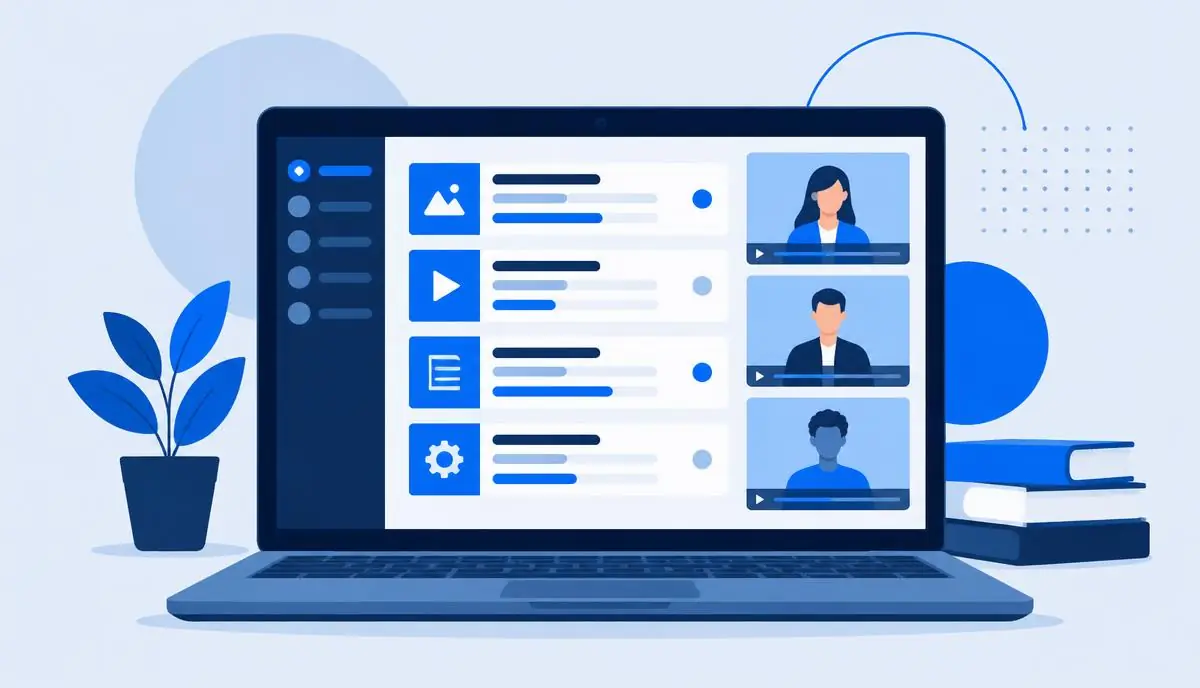 Illustration of a laptop showing course modules and video lessons